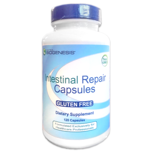Intenstinal repair capsules dietary supplement, blue and white bottle
